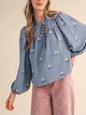 &merci Floral Embroidered Babydoll Top Dusty Blue Size Medium